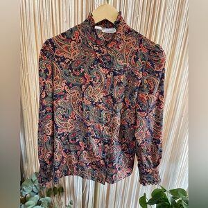Vintage Paisley long sleeve Blouse by The Villager size 10 with ruffle